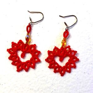 Vibrant Red Heart-Shaped Tatted Earrings with Beads
